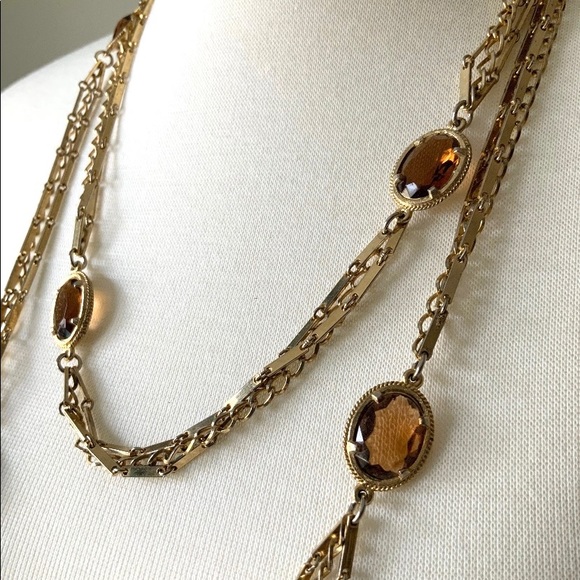 70s 2pc Necklace Set Topaz Colored Faceted Glass - Picture 4 of 6